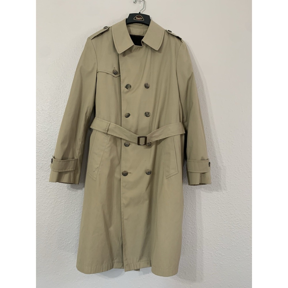 Vtg Botany 500 Men's 38 Long Dbl Breasted Trench Coat Khaki‎ Removable Lining